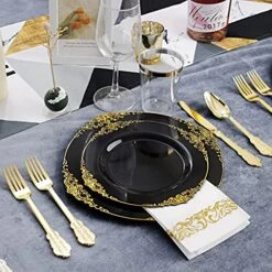 350pcs Black And Gold Plastic Plates With Gold Plastic Silverware For Weddings&Parties Served For 50Guests Include 50Dinner Plates 50Dessert Plates 50 Rolled Napkins With Gold Cutlery 50Cups -Peugeot Shop 511VVaMAAVS