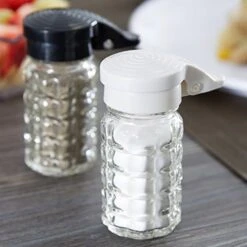 Moisture Proof Salt & Pepper Shakers - 1.5 Oz - Glass W/Black & White Lids Spring Loaded, No Clog, Set Of 2