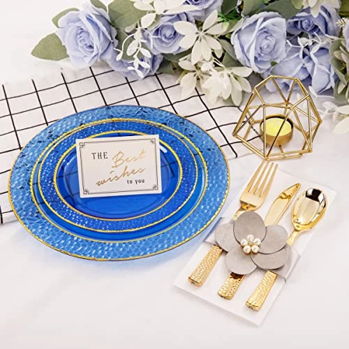 150PCS Clear Blue Plastic Plates & Gold Plastic Silverware - Disposable Gold Plastic Plates Include 50 Plates, 25Cups, 25Forks, 25Knives, 25Spoons For Party & Wedding & Graduation 3 150PCS Clear Blue Plastic Plates & Gold Plastic Silverware - Disposable Gold Plastic Plates Include 50 Plates, 25Cups, 25Forks, 25Knives, 25Spoons For Party & Wedding & Graduation - Image 3