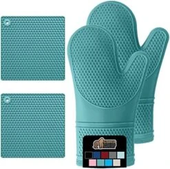 Heat And Slip Resistant Silicone Oven Mitt And Trivets Set, Waterproof, Cotton Lined Gloves, BPA-Free, Long Cooking Mitts And Trivet Mats, Kitchen Potholder Sets For Pans, 4 Pieces, Black -Peugeot Shop 512914XaL. AC