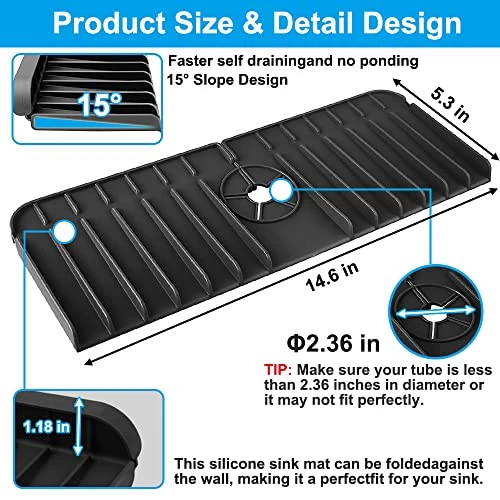 Silicone Sink Faucet Splash Guard, CLZWiiN Kitchen Faucet Water Catcher Mat Tray, Sink Draining Pad Behind Faucet, Absorbent Drying Mat For Kitchen & Bathroom Countertop Protect (Black) 2 Silicone Sink Faucet Splash Guard, CLZWiiN Kitchen Faucet Water Catcher Mat Tray, Sink Draining Pad Behind Faucet, Absorbent Drying Mat For Kitchen & Bathroom Countertop Protect (Black) - Image 2