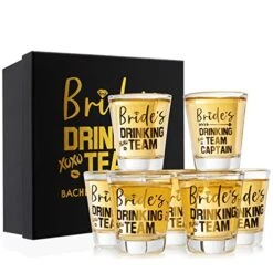 Bridesmaid Gifts - Set Of 7, Bride's Drinking Team Shot Glasses - 1.5 Oz, Pack Of 6 Bride's Drinking Team Member + 1 Bride's Drinking Team Captain - Bachelorette Party Favors - Gold Foil Print