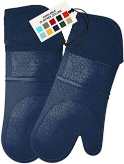 Extra Long Professional Silicone Oven Mitt, Oven Mitts With Quilted Liner, Heat Resistant Pot Holders, Flexible Oven Gloves, Navy Blue, 1 Pair, 14.7 Inch