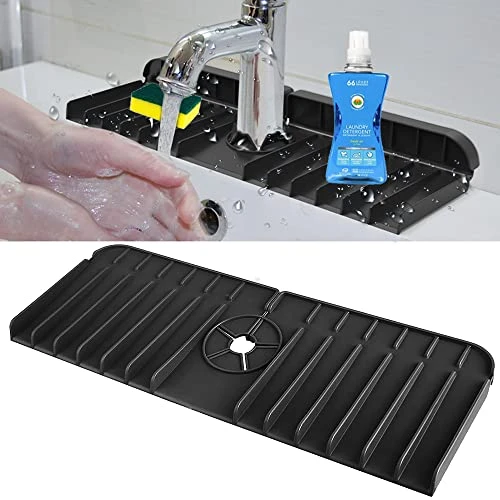 Silicone Sink Faucet Splash Guard, CLZWiiN Kitchen Faucet Water Catcher Mat Tray, Sink Draining Pad Behind Faucet, Absorbent Drying Mat For Kitchen & Bathroom Countertop Protect (Black) 1 Silicone Sink Faucet Splash Guard, CLZWiiN Kitchen Faucet Water Catcher Mat Tray, Sink Draining Pad Behind Faucet, Absorbent Drying Mat For Kitchen & Bathroom Countertop Protect (Black)