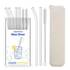 4-Pack Reusable Glass Straw With Travel Case,Size 8.5''x10 MM,Including 2 Straight And 2 Bent With 2 Cleaning Brush- Perfect For Smoothies, Tea, Juice