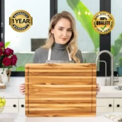 Teak Wood Cutting Board With Juice Groove Hand Grip, Large Wooden Cutting Boards For Kitchen, Chopping Board Wood, Mothers Day Gifts, 1 Year Manufactuer Warranty (L, 22"L X 16"W X 1.25"Th)
