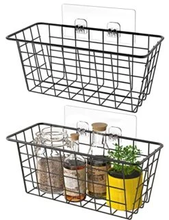 Hanging Kitchen Baskets Wire Storage Basket Adhesive Basket Over The Cabinet Door Organizer No Drilling, For Cabinet Pantry Organization And Kitchen, Bathroom, Storage, 2 Pack, Black
