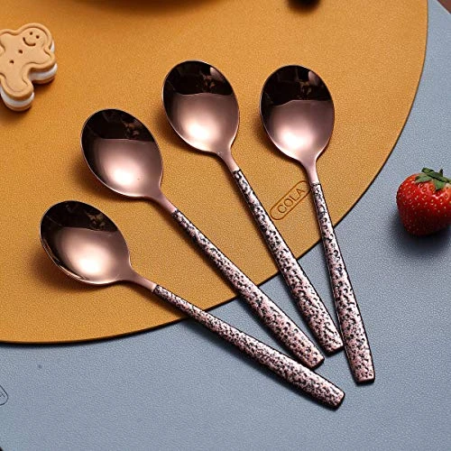 Tea Spoon Set Of 4 With Moon Surface Handle And Shiny Rose Gold Head, Stainless Steel Teaspoons Tea Spoons Copper Silverware Set Small Spoons Coffee Spoons 2 Tea Spoon Set Of 4 With Moon Surface Handle And Shiny Rose Gold Head, Stainless Steel Teaspoons Tea Spoons Copper Silverware Set Small Spoons Coffee Spoons - Image 2