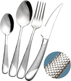 16-Piece ​Modern Black Hammered Silverware Set With Ultra Sharp 2-IN-1 Serrated Knive, 18/10 Stainless Steel Flatware Set, Titanium ​Plated Cutlery Set Service For 4, Reusable, Dishwasher Safe -Peugeot Shop 5146kgiX8tL. AC