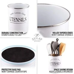 Large Utensil Crock Storage Organizer - Kitchen Utensil Holder For Countertop With Padded Base - Large Utensil Holder With Rustic Farmhouse Design For Home & Kitchen Decor (White) -Peugeot Shop 514GyqzFREL