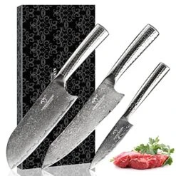 3 Pieces Damascus Kitchen Knife Set With 8” Chef Knife, 7” Santoku Knife, 3.5” Paring Knife, 67 Layer Handmade Damascus VG10 Steel Core, Hammered Ergonomic Handle (Gift Box)