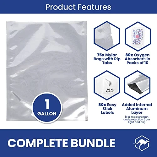 75x Wallaby 1-Gallon Mylar Bag Bundle - (5 Mil - 10" X 14") Mylar Bags, 80x 400cc Oxygen Absorbers, 80x Labels - Heat Sealable, Food Safe, & Reliable Long Term-Food Storage Solutions - Silver 2 75x Wallaby 1-Gallon Mylar Bag Bundle - (5 Mil - 10" X 14") Mylar Bags, 80x 400cc Oxygen Absorbers, 80x Labels - Heat Sealable, Food Safe, & Reliable Long Term-Food Storage Solutions - Silver - Image 2