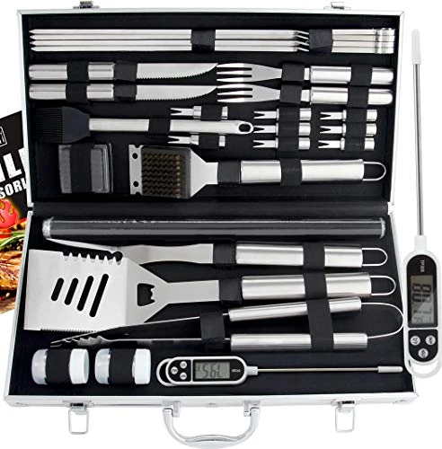 28pc BBQ Accessories Set With Thermometer - The Very Best Grill Gift On Birthday Wedding - Heavy Duty Stainless Steel Grill Set In Case For Outdoor Cooking Camping Grilling Smoking 1 28pc BBQ Accessories Set With Thermometer - The Very Best Grill Gift On Birthday Wedding - Heavy Duty Stainless Steel Grill Set In Case For Outdoor Cooking Camping Grilling Smoking