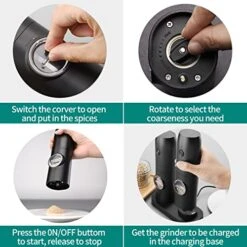 Electric Salt And Pepper Grinder Set, Rechargeable Pepper Grinder With Charger Tray, USB Cable, One Hand Operation, Adjustable Coarseness With Ceramic Grinder, ABS Body, (Set Of 2,Black) -Peugeot Shop 514e955tB7L