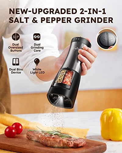 Sangcon 2 In 1 Electric Salt And Pepper Grinder Set, Battery Powered Salt And Pepper Mill, Automatic One-Handed Operation Refillable Grinder With Light, Adjustable Ceramic Grinders, Metallic Gunmetal 2 Sangcon 2 In 1 Electric Salt And Pepper Grinder Set, Battery Powered Salt And Pepper Mill, Automatic One-Handed Operation Refillable Grinder With Light, Adjustable Ceramic Grinders, Metallic Gunmetal - Image 2