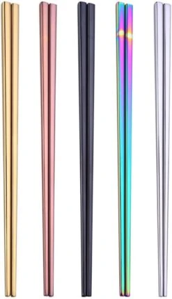 Metal Chopsticks 18/8 Stainless Steel Chopsticks Japanese Korean Chopsticks Dishwasher Safe Resistant To Acids And Alkalis Fadless Anti-slip Reusable Chop Sticks 5 Pairs Gift Set - Multicolor