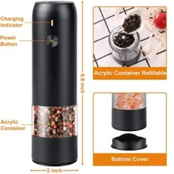 Electric Pepper Grinder Mill, USB Rechargeable Salt And Pepper Grinder With Ceramic Grind And LED Light, Adjustable Coarseness And Refillable Glass, No Battery Needed - Black -Peugeot Shop 515Lb4TU7KL