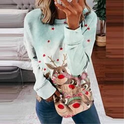 Womens Causal Loose Crewneck Cute Crew Neck Christmas Print Long Sleeve Loose Tops Sweatshirts Pullover Top Fall Clothes