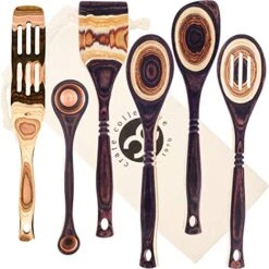 Exotic Pakkawood 6-Piece Kitchen Utensil Set With 12-in Spoon, 12-in Slotted Spoon, 12-in Spatula, 12-in Corner Spoon, 13-in Large Spurtle, Double Measuring Spoon - By Crate Collective (Earth)