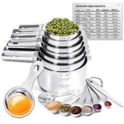 Stainless Steel Measuring Cups And Measuring Spoons Set With Magnetic Measurement Conversion Chart/Egg Separator/Level, Stackable Kitchen Gadgets Measure Tools For Liquid & Dry Measuring
