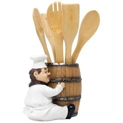 French Chef Pierre Decorative Countertop Utensil Holder Crock With Faux Wood Wine Barrel Display Stand Table Statue For Country Cottage Decor & Gourmet Kitchen Decorations As Housewarming Gifts -Peugeot Shop 515kcKxy06L