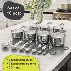 Tainless Steel Measuring Cups And Spoons Set Of 16 Pieces — 7 Nesting Cups And 7 Stackable Spoons + 2 D Rings — Professional Portable And Sturdy Metal Measuring Set For Liquid Wet And Dry Ingredients -Peugeot Shop 515oT5dEwAL