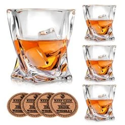 Rystal Whiskey Glasses - Set Of 4 - With 4 Drink Coasters, Crystal Scotch Glass, Malt Or Bourbon, Glassware Set