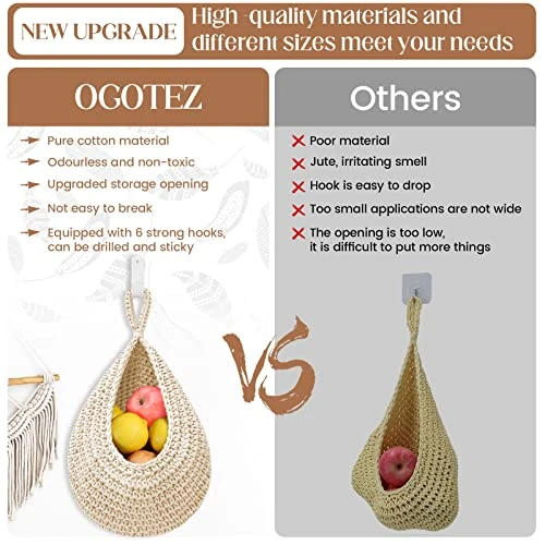 Hanging Fruit Baskets For Kitchen - 3 Pack Boho Wall Hanging Basket With 6 Pcs Strong Hooks, Handwoven Hanging Holder Teardrop Home Produce Basket For Fruits Vegetable Potato Onion Storage (White) 2 Hanging Fruit Baskets For Kitchen - 3 Pack Boho Wall Hanging Basket With 6 Pcs Strong Hooks, Handwoven Hanging Holder Teardrop Home Produce Basket For Fruits Vegetable Potato Onion Storage (White) - Image 2