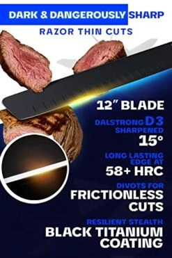 Slicing & Carving Knife - 12" - Shadow Black Series - Black Titanium Nitride Coated - High Carbon - 7CR17MOV-X Vacuum Treated Steel- Sheath - NSF Certified