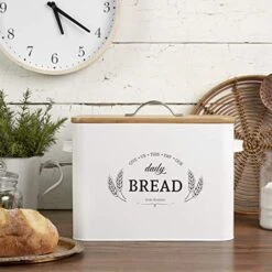Extra Large White Farmhouse Bread Box For Kitchen Countertop - Breadbox Holder Fits 2+ Loaves - Bread Storage Container Bin - Rustic Bread Keeper Vintage Metal Kitchen Decor For Counter