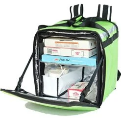 K-76F: Doubledeck Insulated Pizza/Food Delivery Backpack Bag, 16"x 15"x 18",With A Cup Holder. A Glossy Waterproof, Collapsible Food Take-Out Box For Catering, Restaurant Delivery, 76Liters(Green)