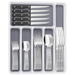 Hammered Silverware Set With Organizer, 49 Piece Stainless Steel Flatware Set For 8, Eating Utensil Sets With Steak Knives, Cutlery Tableware Service Include Fork Knife Spoon Set, Mirror Polished