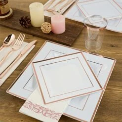 175 Piece Rose Gold Dinnerware Set 25 Guest-50 Square Plastic Plates-25 Rose Gold Plastic Silverware-25 Plastic Cups-25 Linen Like Rose Gold Paper Napkins, FOCUSLINE Disposable Dinnerware Set -Peugeot Shop 516deEAKeAL
