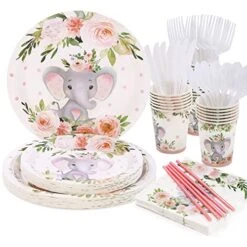 Elephant Baby Shower Party Supplies Baby Girl Plates And Napkins Pink Floral Tableware For Girls Princess Baby Shower Bridal Shower Flower Jungle Animal Theme Party