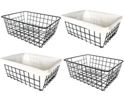 Wire Storage Baskets, 4 Pack Metal Household Organizer With 2 Pcs Fabric Liners, Refrigerator Bin With Handles, For Pantry, Shelf, Freezer, Kitchen Cabinet, Bathroom, Countertop, Closets (Black)