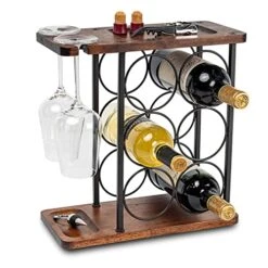 Wine Racks Countertop, Wine Holder And Glasses Rack, Wooden Wine Stand With Tray, Perfect For Home Decor & Kitchen Storage Rack Etc (Hold 6 Bottles And 2 Glasses)