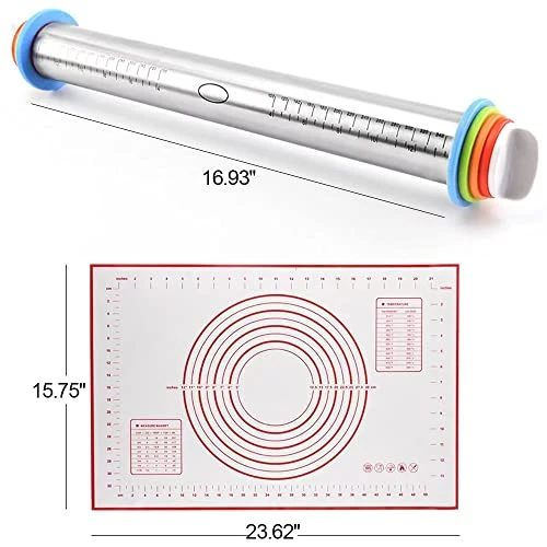 17'' Adjustable Rolling Pin Stainless Steel And 24"x16" Silicone Pastry Baking Mat Set,Adjustable Size Rolling Pin With Thickness Rings, Baking Tools For Making Pizza, Cookies, Fudge, Cakes, Pasta 2 17'' Adjustable Rolling Pin Stainless Steel And 24"x16" Silicone Pastry Baking Mat Set,Adjustable Size Rolling Pin With Thickness Rings, Baking Tools For Making Pizza, Cookies, Fudge, Cakes, Pasta - Image 2