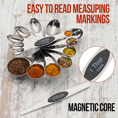 Magnetic Metal Measuring Spoons Set Stainless Steel Etched Stackable Teaspoons Tablespoons Dual Sided Measure Spoon Set Of 8 For Measuring Dry And Liquid Ingredients (Black) 4 Magnetic Metal Measuring Spoons Set Stainless Steel Etched Stackable Teaspoons Tablespoons Dual Sided Measure Spoon Set Of 8 For Measuring Dry And Liquid Ingredients (Black) - Image 4