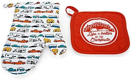 Camco Life Is Better At The Campsite Heat Resistant Oven Mitt And Pot Holder Set-Red With White Logo Design, Excellent For RV Kitchens, Camping And More (53260) 1 Camco Life Is Better At The Campsite Heat Resistant Oven Mitt And Pot Holder Set-Red With White Logo Design, Excellent For RV Kitchens, Camping And More (53260)