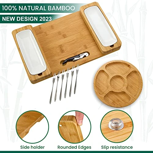 Bamboo Cheese Board Set - Charcuterie Boards Serving Platter - Magnetic Removable Side Boards - Gift For Housewarming, Anniversary, And Birthdays - Total Of 3 Boards, 1 Round Tray, Wine Opener + Forks 3 Bamboo Cheese Board Set - Charcuterie Boards Serving Platter - Magnetic Removable Side Boards - Gift For Housewarming, Anniversary, And Birthdays - Total Of 3 Boards, 1 Round Tray, Wine Opener + Forks - Image 3