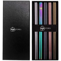 Stainless Steel Chopsticks - Multicolor Reusable Chopsticks - 5 Pairs Dishwasher Safe Metal Chopsticks - Easy To Use - Square Lightweight Chop Sticks - Gift Set