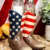 Patriotic Stars And Stripes American Flag Boots Salt And Pepper Shakers Set With Decorative Resin Display Holder Figurine And Glass Shakers Kitchen Country Western Cowboy Cowgirl Decor Statue