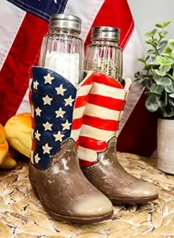Patriotic Stars And Stripes American Flag Boots Salt And Pepper Shakers Set With Decorative Resin Display Holder Figurine And Glass Shakers Kitchen Country Western Cowboy Cowgirl Decor Statue