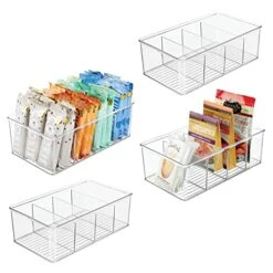 MDesign Plastic Food Storage Organizer Bin Box Container - 4 Compartment Holder For Packets, Pouches, Ideal For Kitchen, Pantry, Fridge, Countertop Organization - 4 Pack - Clear