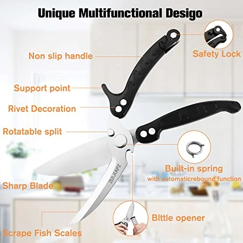 Kitchen Shears,Stainless Steel Sharp Utility Food Scissors,Detachable As A Cleaver,Multipurpose Heavy Duty Spring Loaded Kitchen Scissors With Serrated Edge For Chicken,Poultry,Fish,Herbs,Nuts 2 Kitchen Shears,Stainless Steel Sharp Utility Food Scissors,Detachable As A Cleaver,Multipurpose Heavy Duty Spring Loaded Kitchen Scissors With Serrated Edge For Chicken,Poultry,Fish,Herbs,Nuts - Image 2