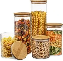 Sugar Packet Holder Canister Set Of 5, Glass Kitchen Canisters With Airtight Bamboo Lid, Glass Storage Jars For Kitchen, Bathroom And Pantry Organization Ideal For Flour, Sugar, Coffee, Cookie Jar, Candy, Snack And More -Peugeot Shop 5191wt28lnL. AC