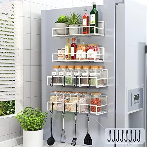 Lunememo Magnetic Spice Rack For Refrigerator, 4 Pack Magnetic Fridge Shelf With 8 Hooks, Strong Magnet & No Drilling, Black 6 Lunememo Magnetic Spice Rack For Refrigerator, 4 Pack Magnetic Fridge Shelf With 8 Hooks, Strong Magnet & No Drilling, Black - Image 6