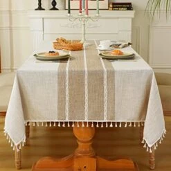 Rustic Tablecloth Cotton Linen Waterproof Tablecloths Burlap Table Cloths For Kitchen Dining Cloth Table Cloth For Rectangle Tables Coffee Lines Rectangle,55''x70'',4-6 Seats