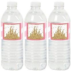 Little Princess Crown - Pink And Gold Princess Baby Shower Or Birthday Party Water Bottle Sticker Labels - Set Of 20