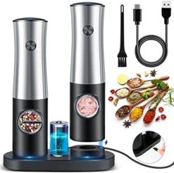 Electric Salt And Pepper Grinder Set, Automatic Salt & Pepper Mill Refillable With USB Rechargeable Base, 5 Adjustable Coarseness One Hand Operation, LED Light -Peugeot Shop 519y9qQKUVL. AC